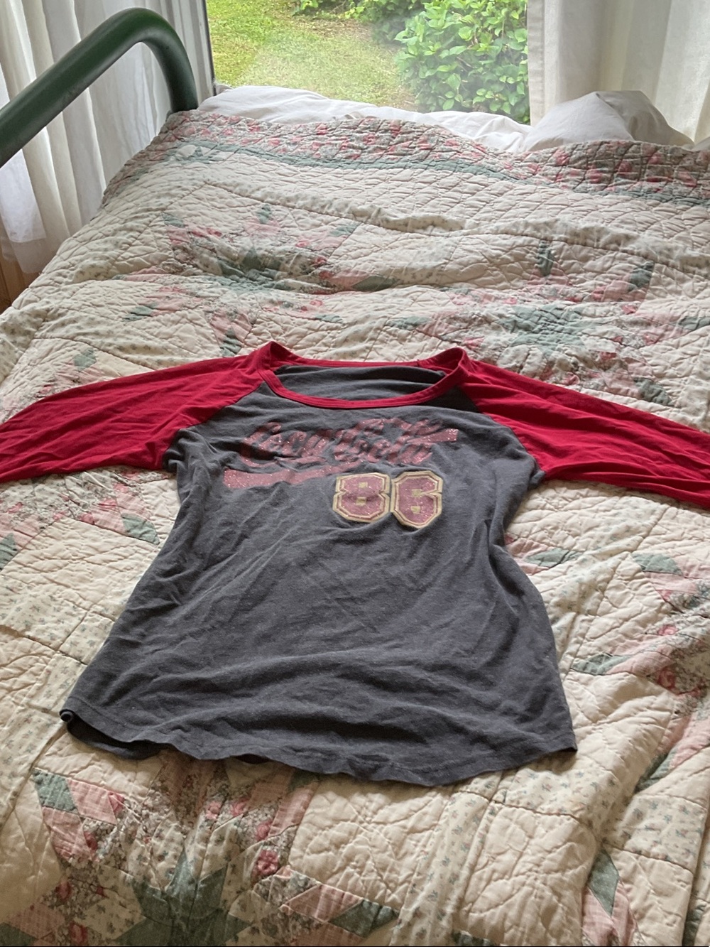 Women’s Raglan Baseball Tee in Gray with Red Sleeves